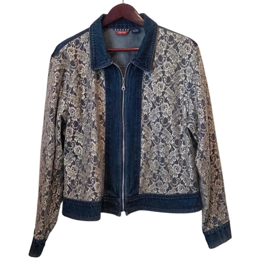 AGAPO Denim Jacket Women's Lace Panel Blue Zipper Front Y2K Size Large BOHO